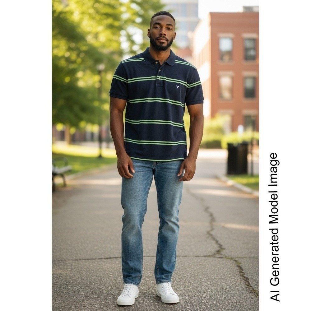 American Eagle Outfitters Mens Navy Blue Lime Green Striped Eagle Polo Shirt L